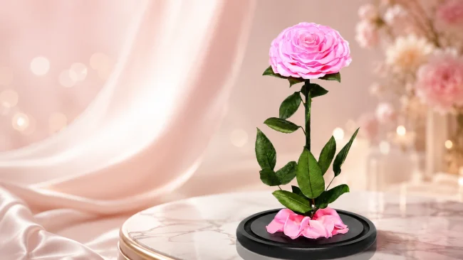 preserved-rose-care Preserved rose care guide featuring a pink preserved rose in an elegant display