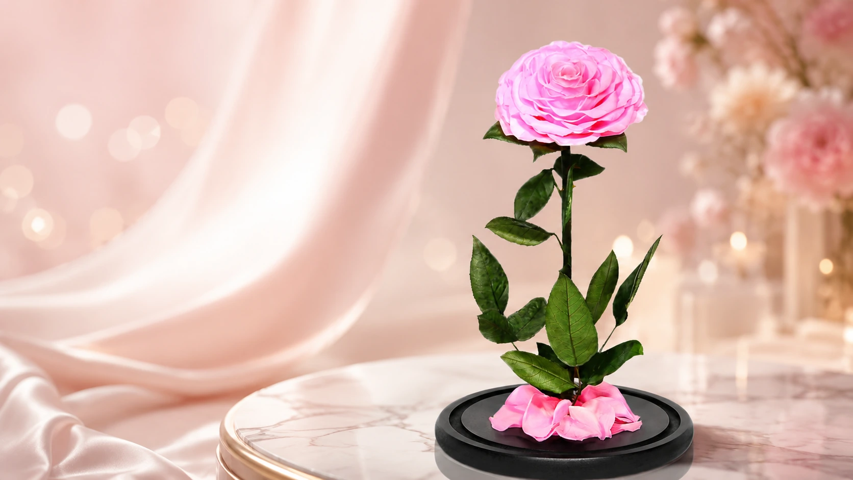 Preserved rose care under a glass dome