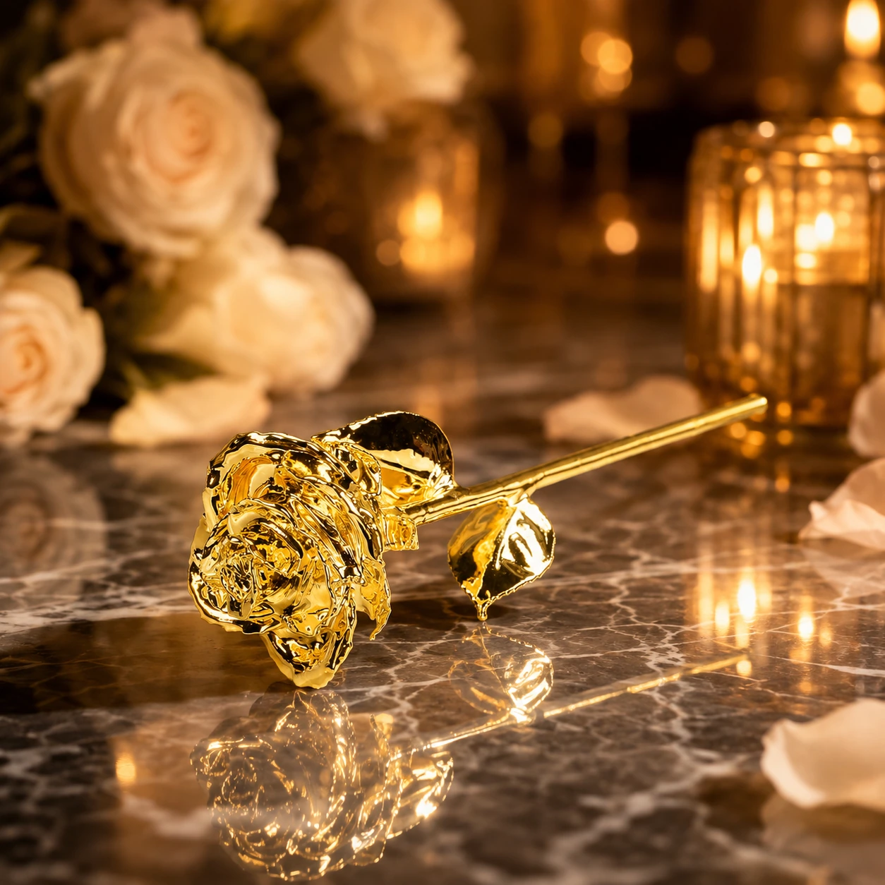 Royal Gold Rose close-up showing preserved petals and gold finish